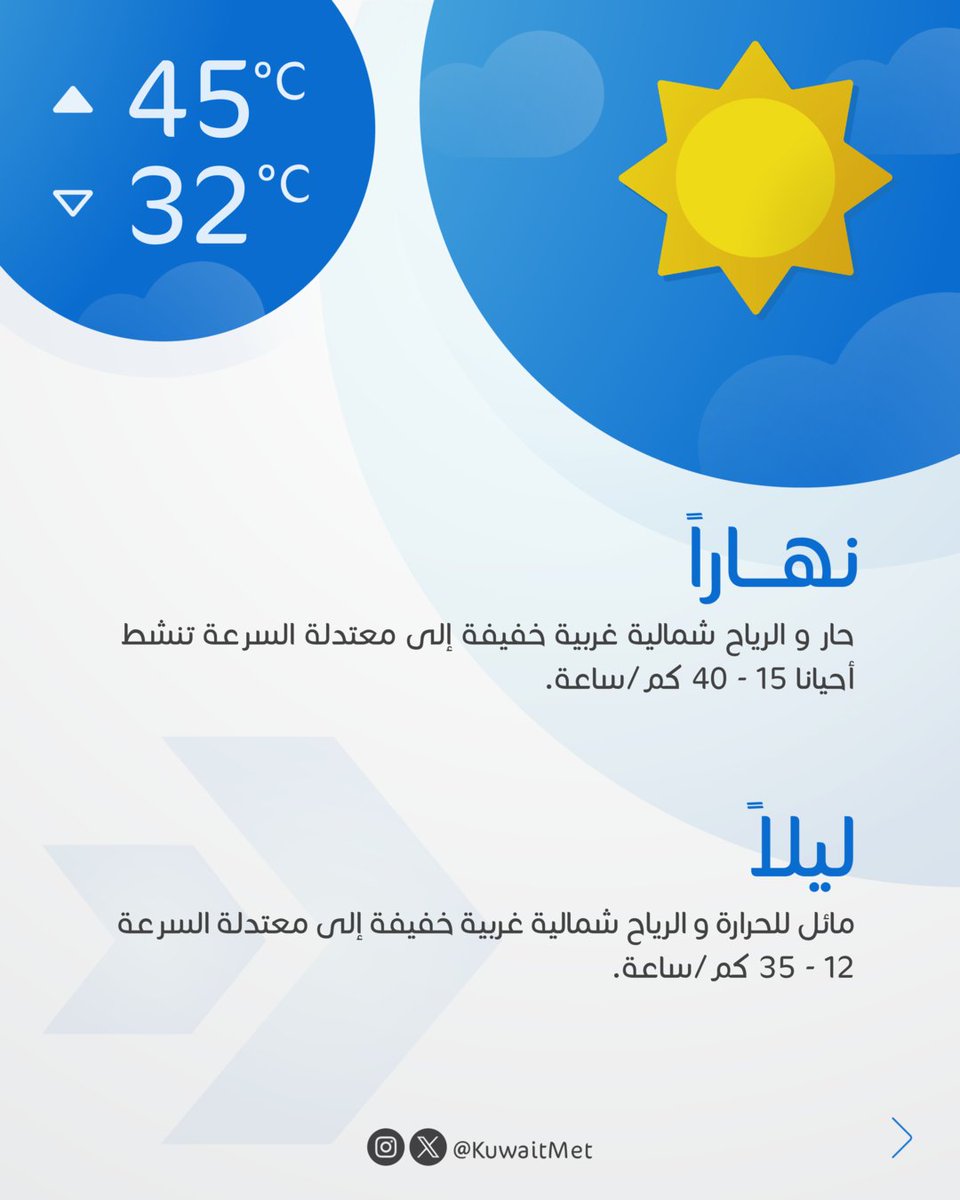 KuwaitMet's tweet photo. أسعد الله صباحكم...

نشرة الطقس الصباحية https://t.co/uWkGrBC2Yg