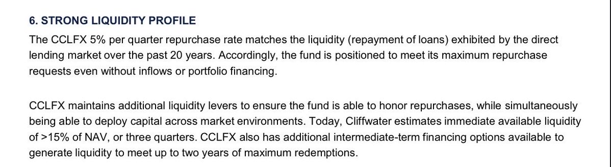 NickNemo17's tweet photo. It’s appalling Cliffwater says they have 2 years of liquidity. Here are the facts:

Latest annual report:

Cash: $581m Unfunded loan commitments: $6.1B + Annual fees/expenses: $1.0B Net assets: $31.3B 5% quarterly gate: ~$1.6B Q2 redemption requests: ~17%, or ~$5.3B
So cash covers ~10% of unfunded commitments and ~0.4 quarters of the gate.

They can borrow about $4.4B more on committed facilities, increasing leverage on a ~1.5x look through.

The SEC doesn't ask whether a liquidity presentation is optimistic.

It asks whether it's complete.

Investors should demand a reconciliation from headline liquidity to net liquidity after unfunded commitments, fees, and expected credit losses.

Potential areas to reference:

1. Investment Company Act Rule 22e-4 (Liquidity Risk Management) — if a fund presents liquidity in a way that could be materially misleading relative to actual redemption capacity.

2. Securities Act Rule 156 — prohibits materially misleading statements in investment company sales literature.

3. Exchange Act Rule 10b-5 — prohibits omissions of material facts necessary to make statements not misleading.

4. Investment Advisers Act Sections 206(1) and 206(2) — anti-fraud provisions covering misleading disclosures to clients.

$CCLFX