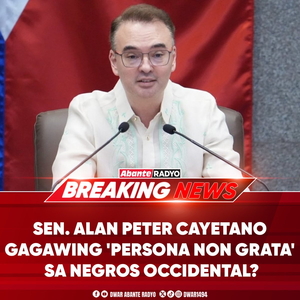 DWAR1494's tweet photo. APC IBABAN SA NEGROS OCCIDENTAL

Hihikayatin umano ni Negros Occidental 1st District Rep. Jules Ledesma ang mga lokal na pamahalaan sa kanyang distrito na ideklarang persona non grata si Senador Alan Peter Cayetano.

Sa kanyang pahayag sa social media, tinuligsa ni Ledesma si Cayetano na umano’y minamaliit ang responsibilidad nito bilang halal na opisyal.

“Sen. Alan Peter Cayetano— you are a disgrace to the Senate and as a former member of the House— you’ve done this twice,” pahayag ng mambabatas.