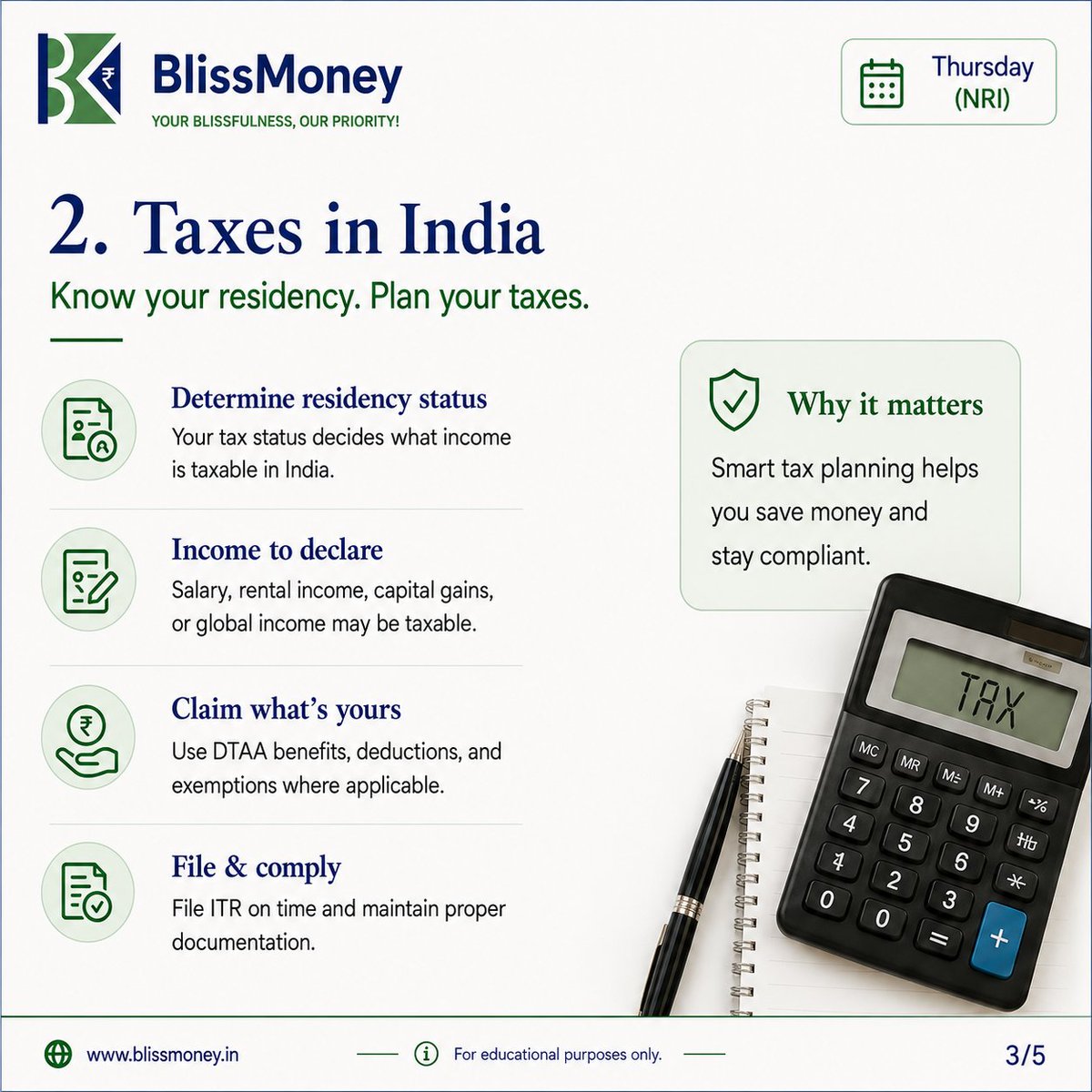 BlissmoneyL's tweet photo. Returning to India as an NRI?
Don't just plan the move—plan your finances too.
Review taxes, banking, investments, insurance, and property before you return.
Plan smarter: https://t.co/iUxoIFxDqp
#BlissMoney #NRI #FinancialPlanning #WealthPlanning #ReturningToIndia https://t.co/nI4JW8gDqo
