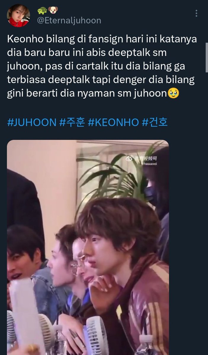 Eternaljuhoon's tweet photo. Keonho ditanya klo bisa liburan berdua mau sm siapa?
🐶 Juhoon
Ditanya knpa recently deket banget sm jju? 
🐶 Karena sering deeptalk berdua, pernah jg deeptalk 1 jam lebih sambil jalan jalan berdua dan jju beliin dd ice cream
Klo lagi sedih ngapain? 
🐶 Kdg suka curhat sama jju https://t.co/dGKrWNl6Rt