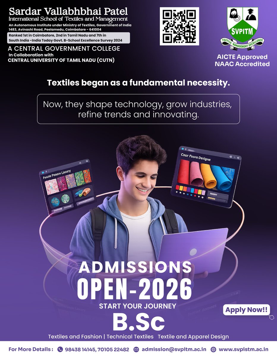 SVPITM's tweet photo. Turn your passion for Fashion, Design &amp; Technology into a rewarding career with https://t.co/JlLDCadNBq programs in:
✅ Central Govt. Institution
✅ AICTE Approved | NAAC Accredited
✅ Scholarships Available
✅ Strong Industry Exposure
Build skills. Explore creativity. https://t.co/rKJvcfm22I