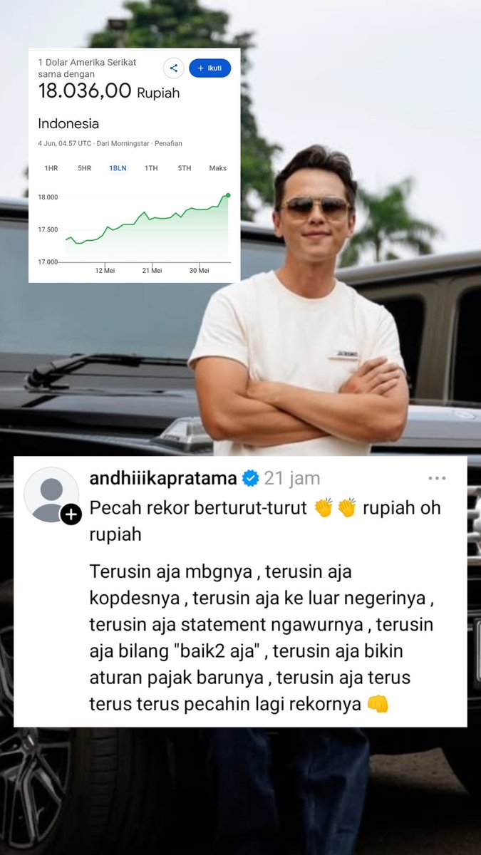 Britaindah's tweet photo. Rupiah melemah, satu persatu Seleb mulai berbicara termasuk Andhika Pratama (suami dari Aktris cantik Ussy Sulistiawaty)

Melalui media sosialnya, Andhika bilang TERUSIN AJA MBG, TERUSIN AJA KOPDES, TERUSIN KELUAR NEGERI..
TERUSIN AJA TERUS PECAHIN REKOR-REKOR LAINNYA.

Sepertinya bukan hanya kita sebagai masyarakat biasa yang sudah resah. Para selebriti pun sudah mulai menyuarakan aspirasinya. 

Namun ada satu yang lucu, Andhika kaget karena jumlah pengikutnya melonjak sampai menuliskan jika akun itu dia buat hanya untuk menuliskan segala kekesalan dan keluh kesahnya.