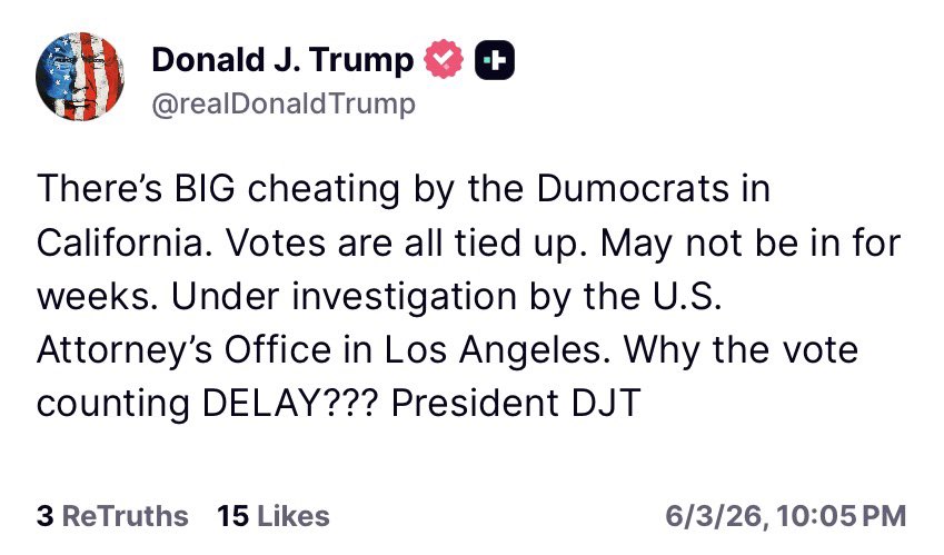 yashar's tweet photo. NEW

President Trump just posted this.

What’s happening in Los Angeles and California more broadly is what always happens: it’s a result of how California runs its elections.

Do I love it? No. I wish it would change. 

But it’s not evidence of corruption or cheating.

The delays are frustrating, but they are a longstanding feature of the system, not proof that anything improper is taking place.