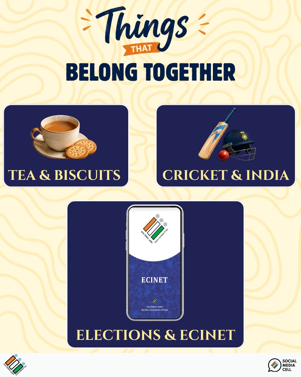 ElectionDpuri's tweet photo. Things That Belong Together ✨

Tea &amp; Biscuits ☕
Cricket &amp; India 🏏
Elections &amp; ECINET 📱

Seamlessly integrated. Perfectly reliable.
Empowering election management with technology.

#ECI #ECINET https://t.co/UrELZ9noQM
