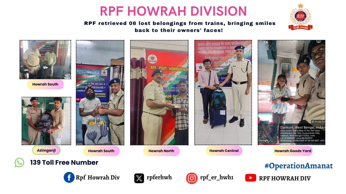 rpferhwh's tweet photo. RPF retrieved 06 lost belongings from trains, bringing smiles back to their owners' faces!  #OperationAmanat
@RPF_INDIA
@ErRpf
@drmhowrah https://t.co/CBfY6fJeGQ