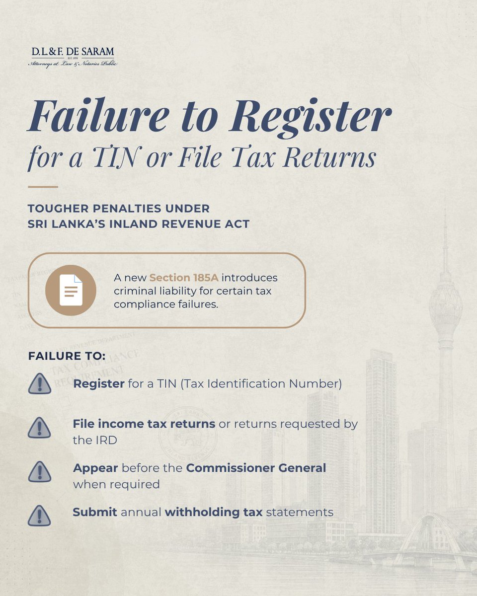 dlfdesaram's tweet photo. Recent amendments to Sri Lanka’s Inland Revenue Act have introduced stricter consequences for certain tax compliance failures.

#SriLankaLaw #Tax #InlandRevenue #TaxCompliance https://t.co/NsQAf2f8eB