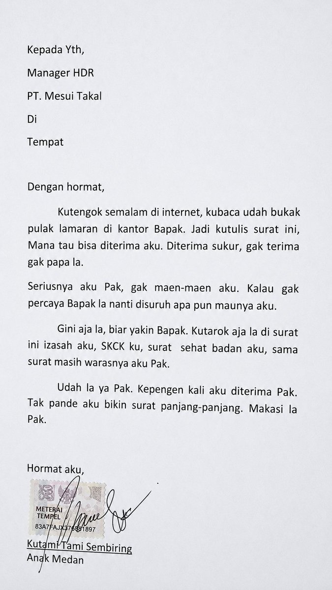 aril_piterpen1's tweet photo. surat lamaran anak medan😭 https://t.co/up6WPW7OII