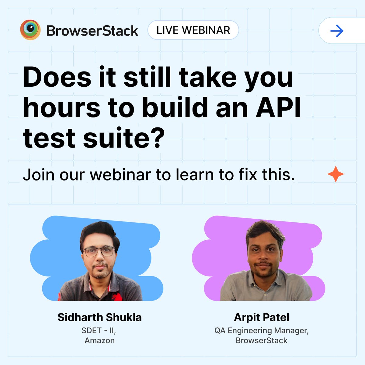 browserstack's tweet photo. Writing #API tests from scratch is time-consuming, repetitive, and difficult to scale. 

Top QA teams are no longer spending hours building test suites manually—they're using #AI agents and #MCP servers to automate test creation, accelerate QA workflows, improve test stability, and reduce debugging effort.

Join Sidharth S. (Amazon) and Arpit Patel (BrowserStack) for our live webinar, "Auto-Generate API Tests Using AI and MCP," and learn how teams are using GitHub Copilot and MCP servers to transform API testing.

Swipe through to see exactly what you'll learn. 👇 

📅 June 10, 2026 | 9:00 AM PDT

👉 Save your seat: https://t.co/lAyHPrrLEz