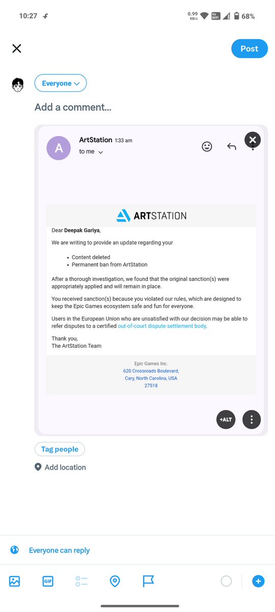 DeepakG81226447's tweet photo. Hello @ArtStationHQ,
My account was banned without any clear explanation or warning. I've submitted an appeal, but I still don't know what exactly led to this decision. After investing so much time into my portfolio, I believe creators deserve transparency and a chance to address https://t.co/jawHg0JAez