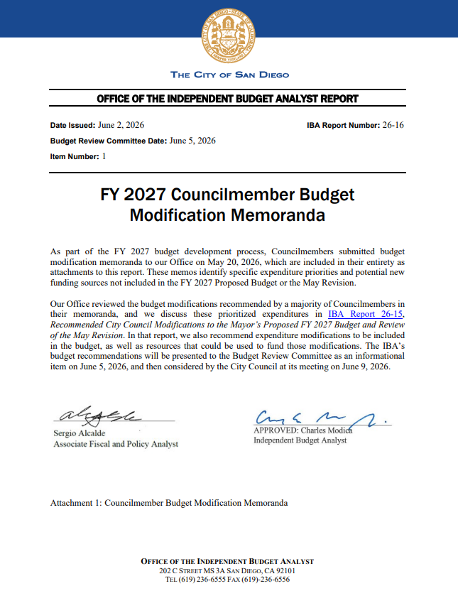 JoeLaCavaD1's tweet photo. This week the Independent Budget Analyst (IBA) released the FY 2027 Councilmember Budget Modification Memoranda and the Recommended City Council Modifications to the Mayor’s Proposed FY 2027 Budget and Review of the May Revision. (1/4) https://t.co/GKA80jLhFo
