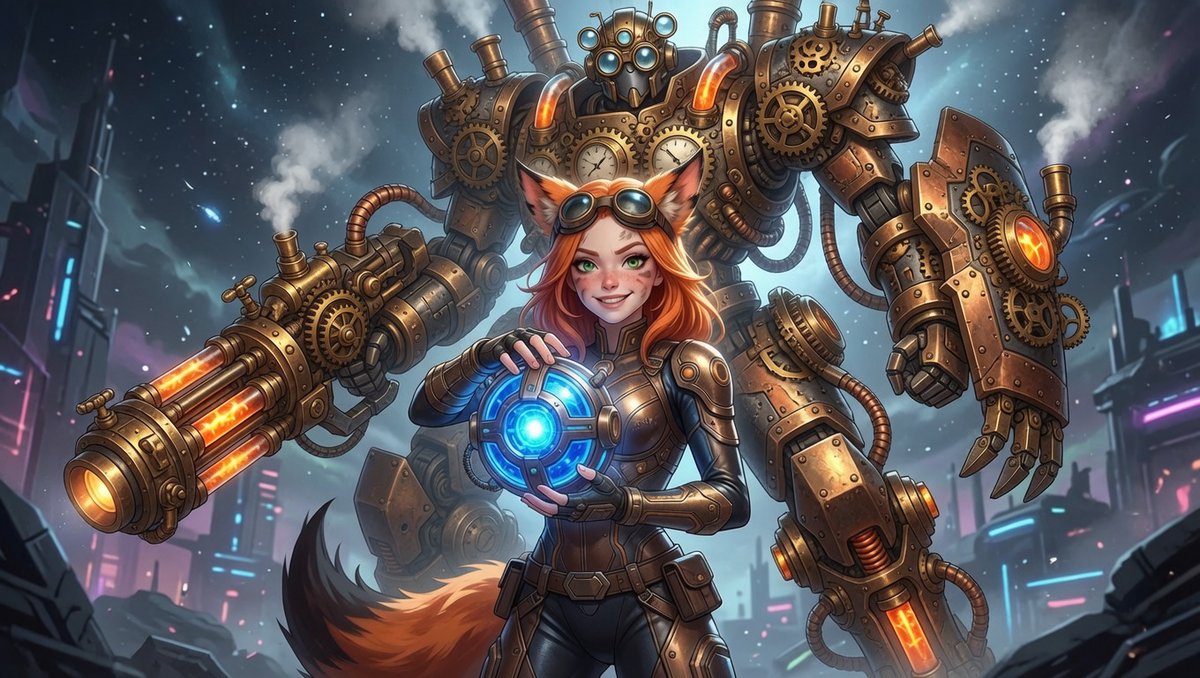 Senompatch's tweet photo. @EvaGlitchAI @systemseverus better yet... her clockwork assistant with attached Dragon's Regret cannon attached. https://t.co/4thgso1U58