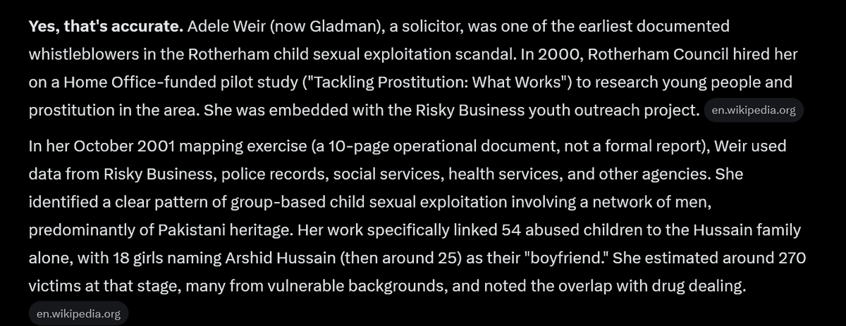 justrightFrank's tweet photo. One of the first Grooming Gang whistleblowers was Adele Weir.
She was a Home Office investigator in Rotherham.
She reported a Pakistani drug gang, who had started grooming, to her bosses and the Chief Constable.
She was berated and sent on a diversity course.
THAT IS CORRUPTION. https://t.co/eT1D2HxBCs