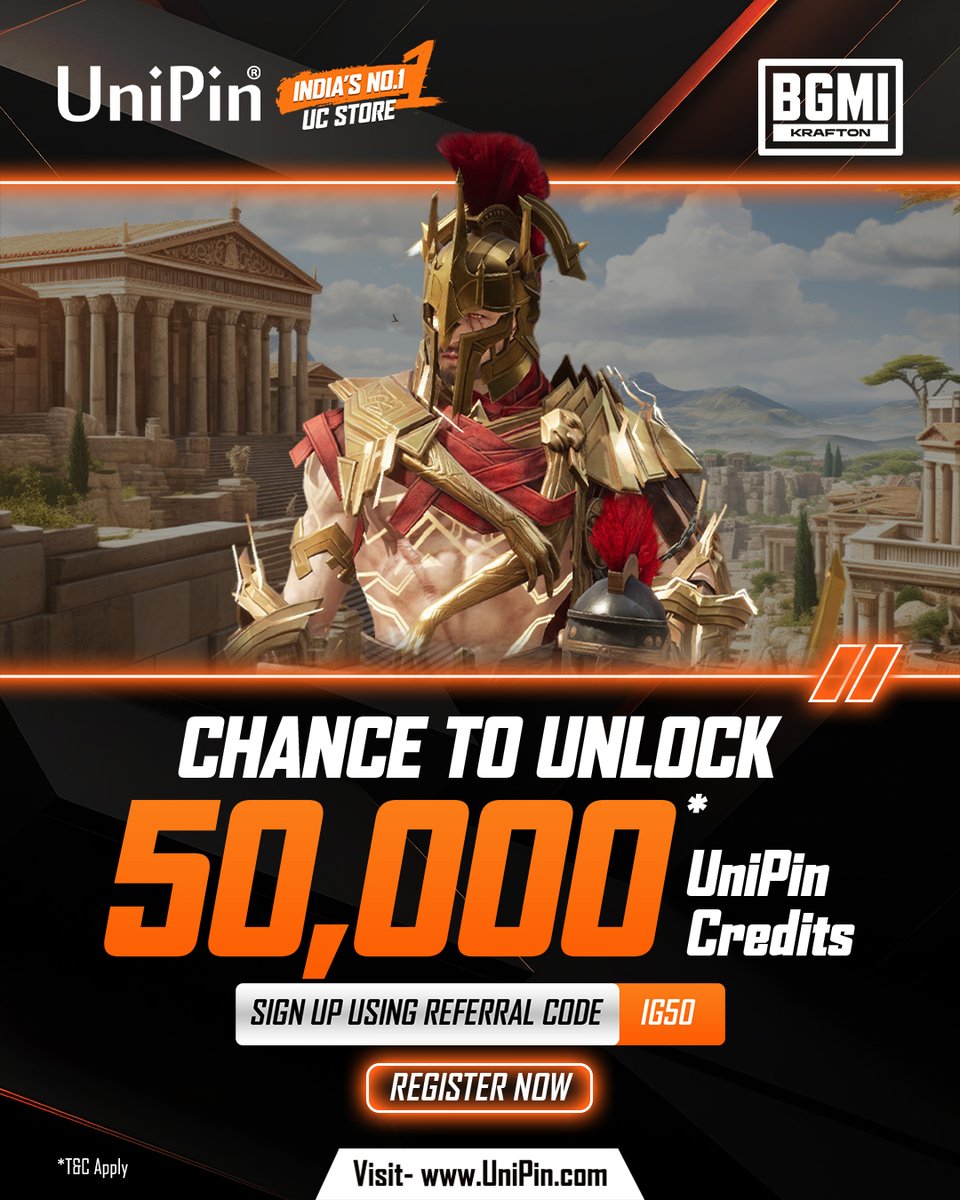 UniPin_India's tweet photo. The newest collections have arrived in BGMI, and so has your chance to WIN!

Sign up on UniPin with referral code IG50 and stand a chance to unlock free UniPin credits.

Check our website for more details. https://t.co/wyWNOhpWSS