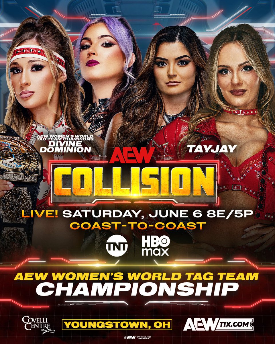 AEW's tweet photo. This Saturday, 6/6, NATIONWIDE ON TNT!

Make sure to adjust your DVRs for a COAST-TO-COAST edition of Saturday #AEWCollision!

Watch LIVE at 8e/5p on @TNTDrama &amp; @HBOMax, THIS SATURDAY! https://t.co/KV9FrNbVfU