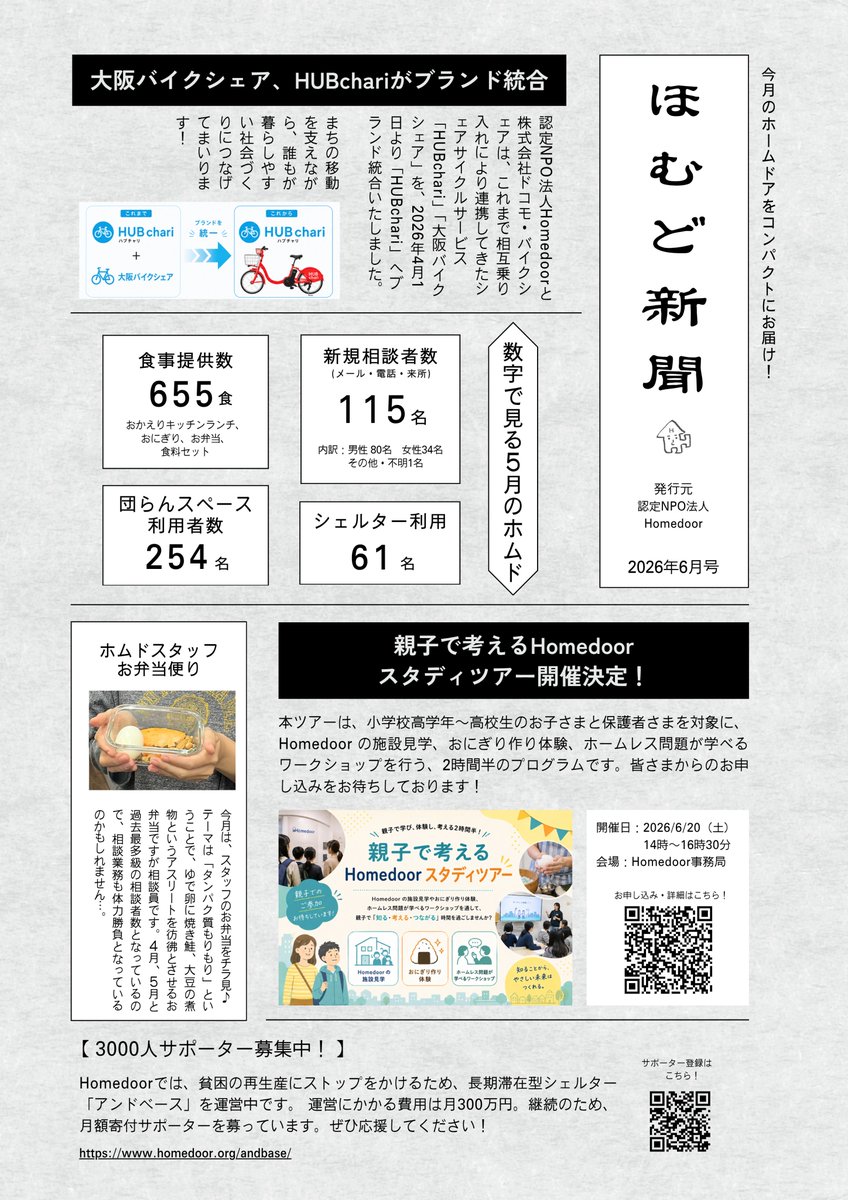 Homudokun's tweet photo. 📢 #ほむど新聞 6月号、公開しました！

今月の活動を1枚にギュッと凝縮📰
今月のトピックはこちら👇

・大阪バイクシェア、HUBchariがブランド統合
・数字で見る5月のホムド
・初開催！親子で考えるHomedoorスタディツアー

ぜひご覧ください✨ https://t.co/Ie548f0SJx