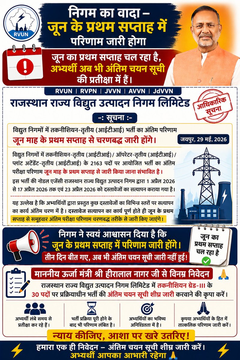 PsNaruka94's tweet photo. "माननीय ऊर्जा मंत्री @hlnagar जी, अभ्यर्थियों के हित में राजस्थान राज्य विद्युत उत्पादन निगम में तकनीशियन/ऑपरेटर/प्लांट अटेंडेंट ग्रेड-III के समूह -III के 30 पदों की अंतिम चयन सूची शीघ्र जारी करवाने की कृपा करें 🙏"
@BhajanlalBjp
@RajCMO
@svoruganti1466
@Bhajanlalofc
@artizzzz https://t.co/lE8q9fMFZI