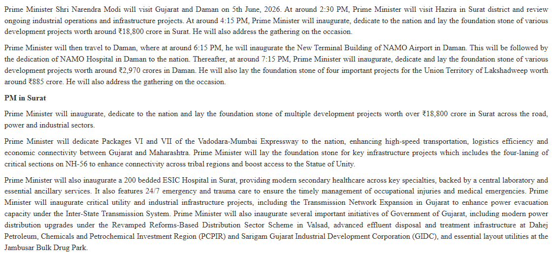 ANI's tweet photo. Prime Minister Narendra Modi will visit Surat and Daman tomorow. He will inaugurate, dedicate to the nation and lay the foundation stone of various development projects, worth around Rs 18,800 Crore in Surat and Rs 2,970 Crore in Daman.

Among the projects, he will dedicate the New Terminal Building of NAMO Airport in Daman and lay foundation stones of port projects worth Rs 885 Crore for the UT of Lakshadweep.