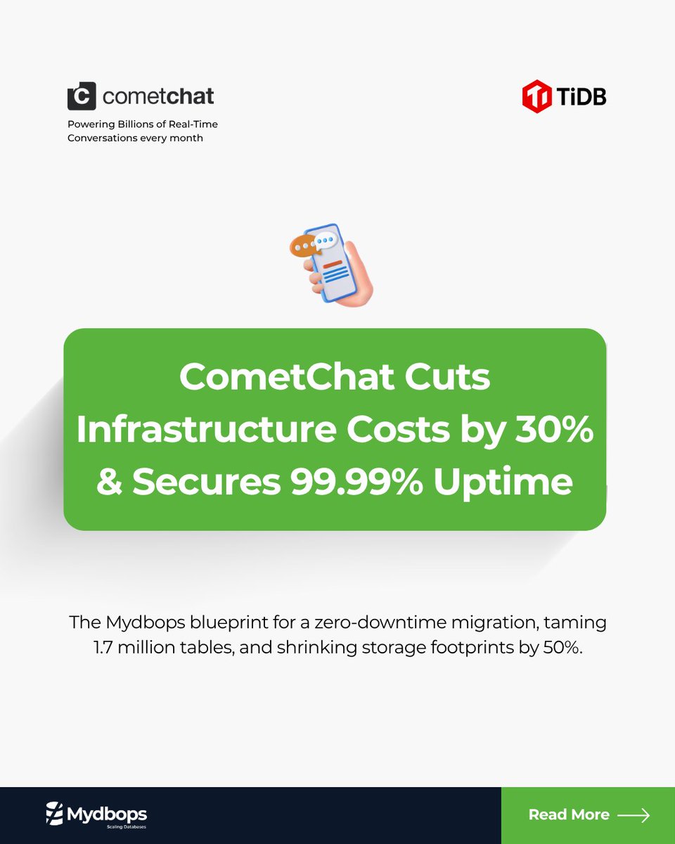 MydbopsOfficial's tweet photo. For a real-time communication platform like CometChat, database stalls aren't just a nuisance, they're a dealbreaker.

We helped them migrate their massive 1.7M table architecture from MySQL to TiDB

https://t.co/ZUpRZdtSZW

#DatabaseMigration #TiDB #MySQL #Mydbops https://t.co/Kwl5lvOzzP