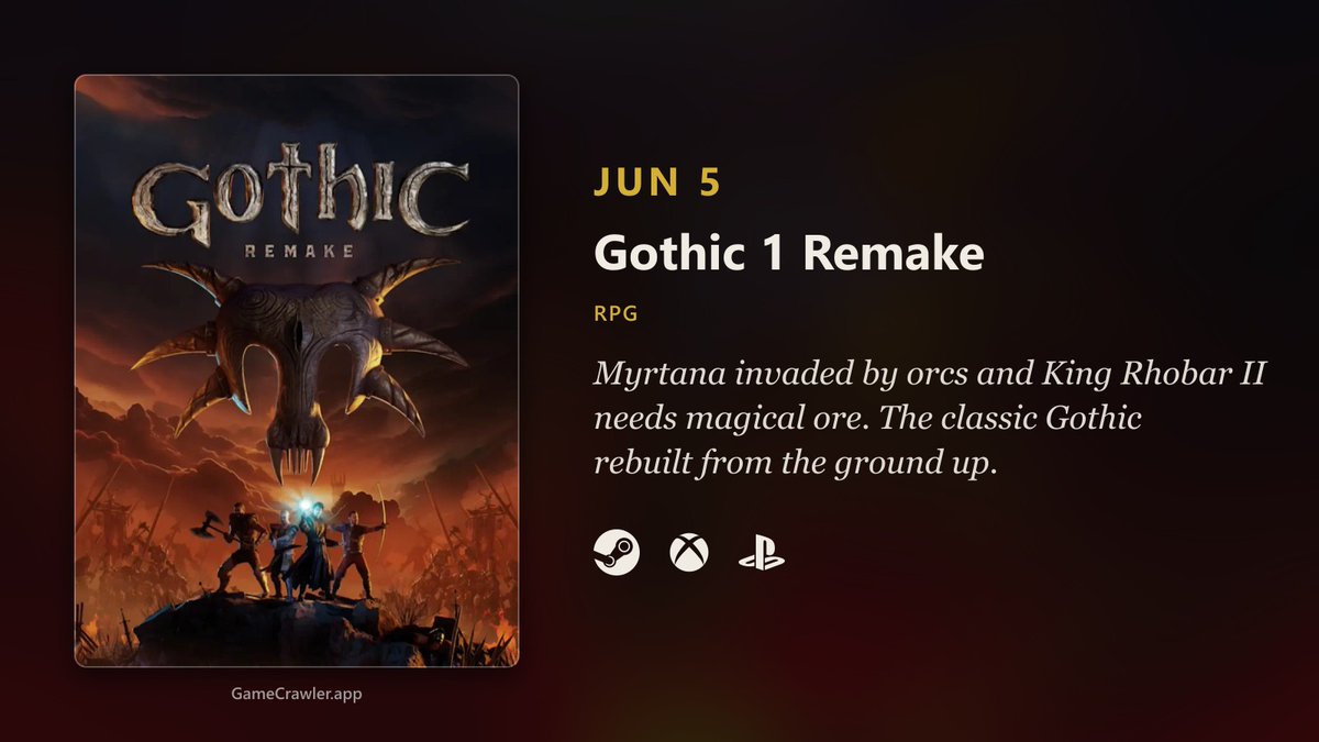 gamecrawlerapp's tweet photo. Releasing tomorrow, June 5th: the long-awaited Gothic 1 Remake! #Steam #PS5 #GameRelease #WhatToPlayNext https://t.co/nxx2thABC4