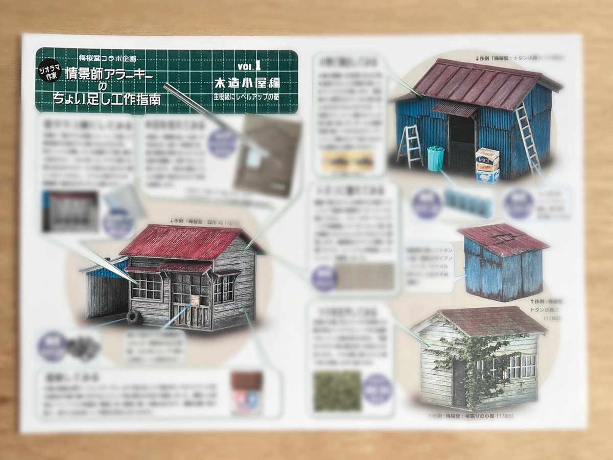 biodooo's tweet photo. トタン小屋シリーズリニューアルのお知らせ📢

・付属する看板類のデザイン・内容を見直しました
・レイアウトやジオラマへの配置がしやすいよう、設置ベース形状を見直しました
・情景師アラーキー氏の改造コラム「ちょい足し工作指南」を新たに収録！
ひと手間加えて、さらに魅力的な作品に仕上げるためのアイデアをご紹介しています。

6月下旬発売を予定しております。