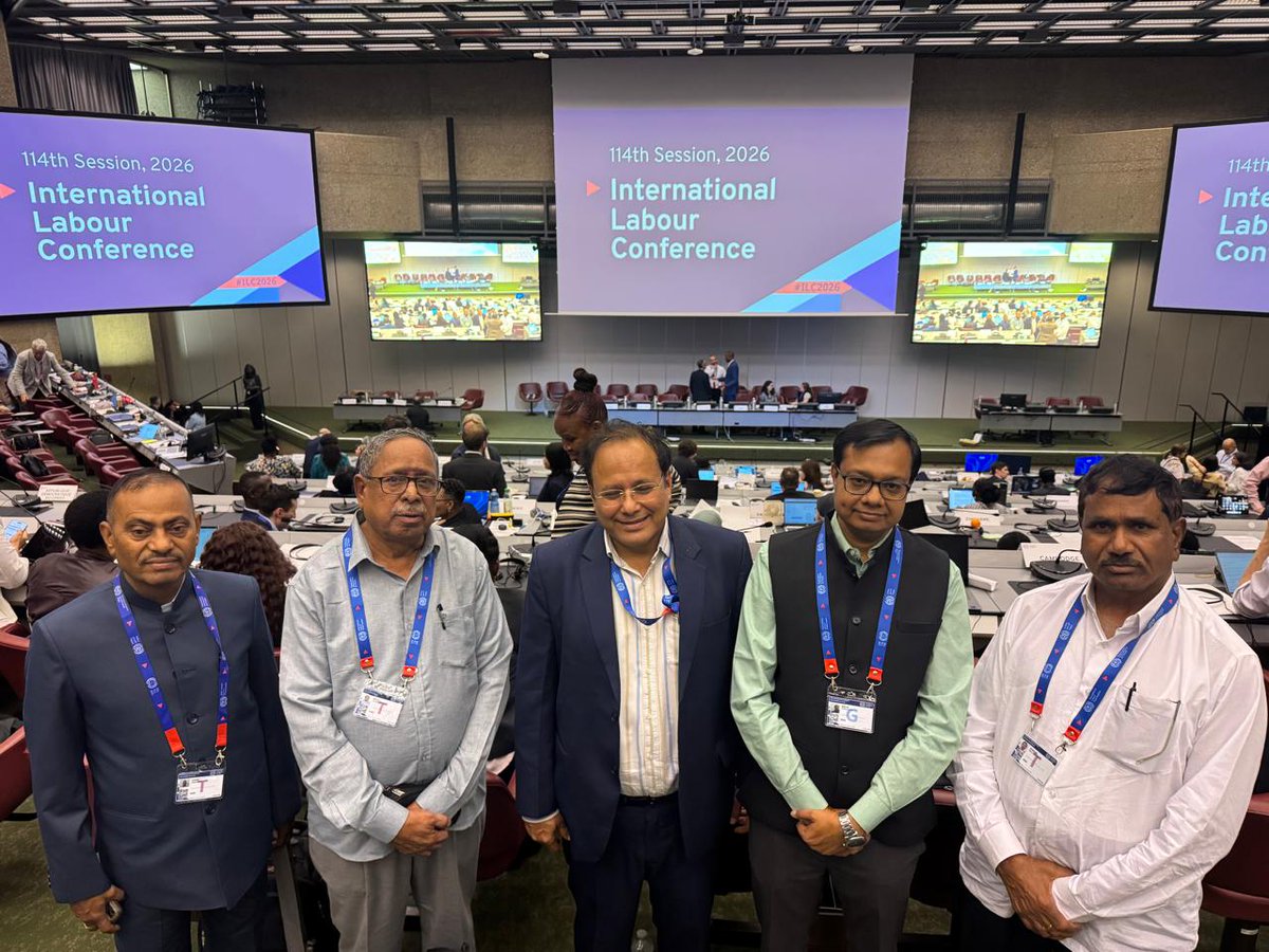 BMSkendra's tweet photo. On 2nd June 2026,at the ILC which is being held at International Labour Organization, Geneva, the Worker’s Group was addressed by DG ILO Mr Gilbert Hongbo. Sri B Surendran, BMS & Worker Group Head, has intervened, raising two pertinent issues related to Artificial Intelligence and the Platform Economy. He requested DG ILO to formulate AI frameworks with a human face and, with regard to the Platform Economy, he stressed the need for “flex digital platforms simultaneously. The DG ILO, in his concluding speech, acknowledged the Indian viewpoint and requested the house to consider this direction.