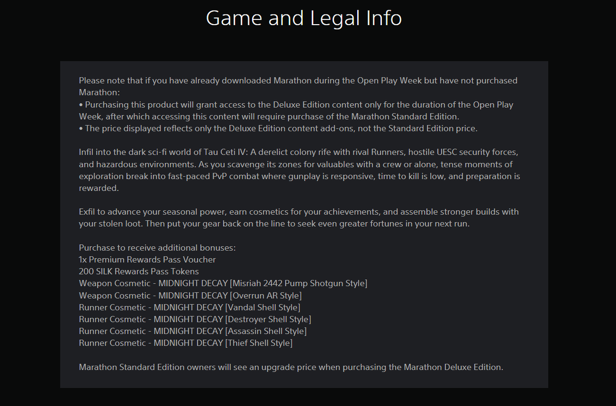 Wario64's tweet photo. For anyone that purchased Marathon Deluxe Edition at the reduced $14 rate after adding the trial, you'll need to attempt to request a refund https://t.co/L1HIumTNmF

Seems like they added a description and now states Deluxe Edition purchases during Open Play Week only gives the add-ons, not the game