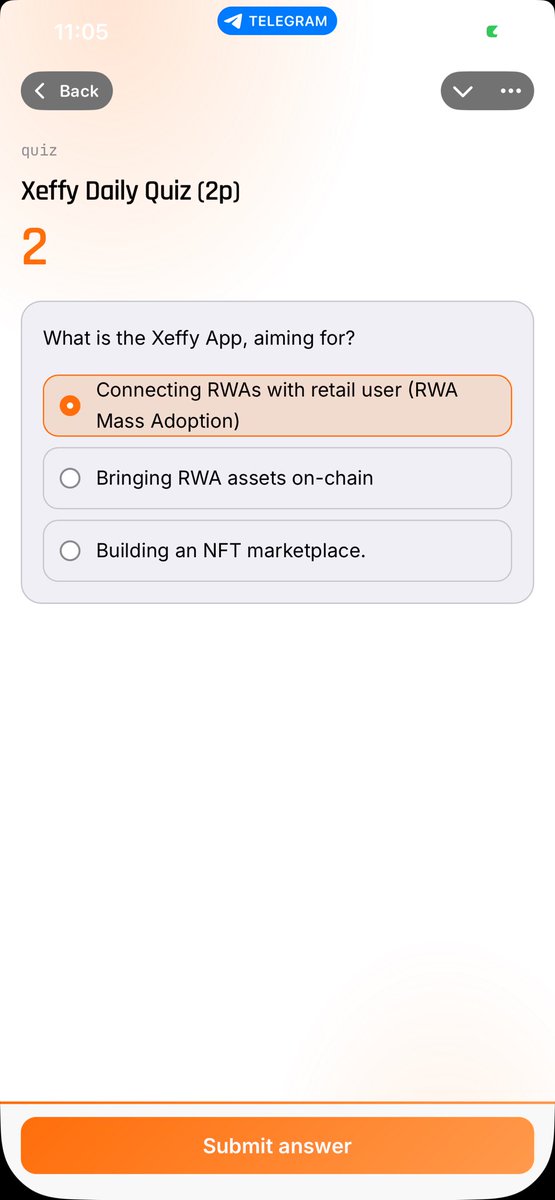 Fowob16's tweet photo. Got today's Xeffy Daily Quiz right ✅

Bringing real-world assets closer to everyday investors is a powerful mission. Excited to see how RWA adoption continues to grow! 🌍📈

#Xeffy #RWAMassAdoption #CryptoCommunity #Web3 https://t.co/VI3WEC46ld