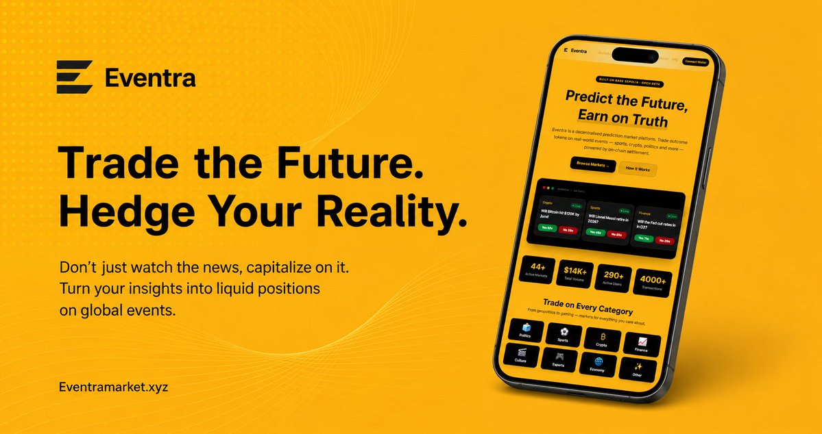 EventraMarket's tweet photo. Trade the Future. Hedge Your Reality. ⚡

Don’t just watch the news, capitalize on it.

The biggest opportunities often appear before the outcome is obvious. 📈

Take a position. Back your conviction. Let the market decide. 🚀

https://t.co/f6mKiigCn2 https://t.co/3lFLdjwH0s