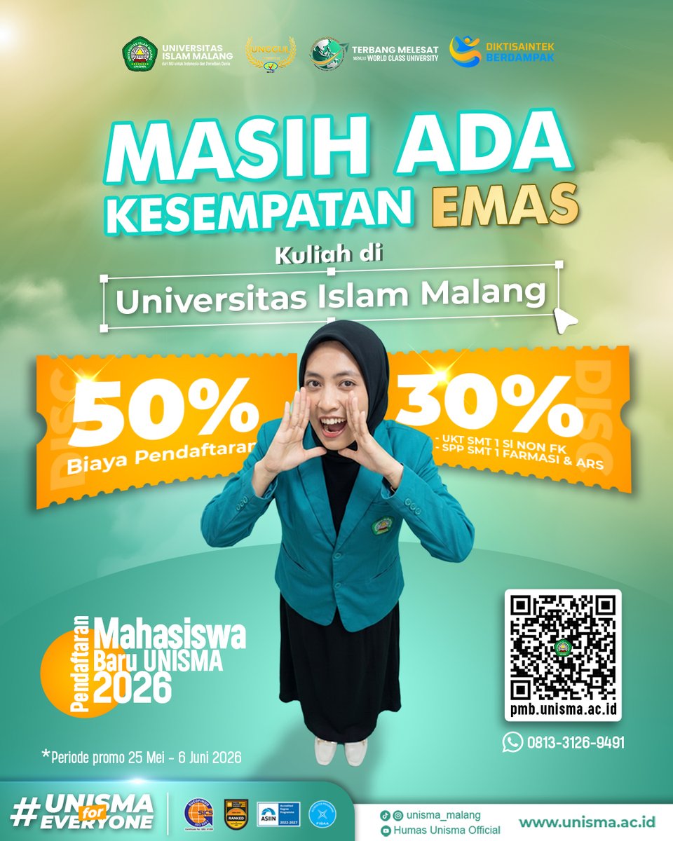 unisma193's tweet photo. Halo calon mahasiswa👋 
Masih bingung mau kuliah di mana? Kuliah di Universitas Islam Malang sekarang lebih hemat 🔥 
⏳ Promo berlaku sampai 6 Juni 2026.
Manfaatkan promo spesial ini dan jadilah bagian dari generasi unggul UNISMA yang siap berkarya dan berprestasi.
#unismamalang https://t.co/2w7xSZtCDN