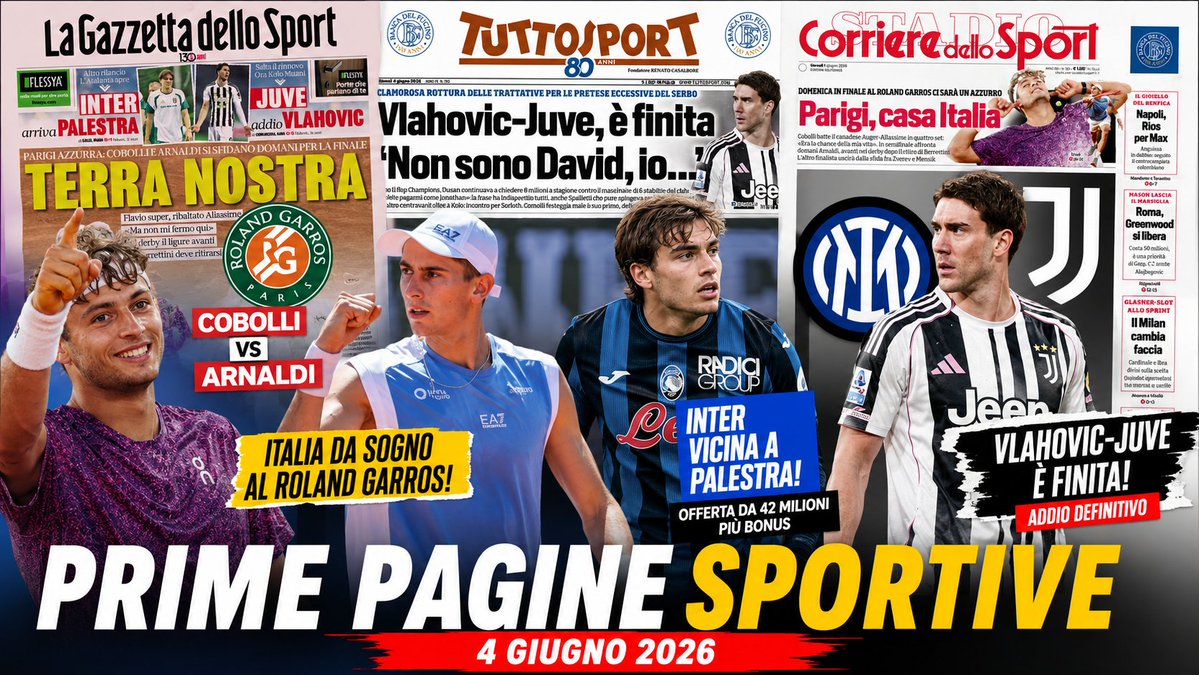Footballover75's tweet photo. 🎾 Italia protagonista al Roland Garros con Cobolli e Arnaldi!

⚽ Inter su Palestra, Juve-Vlahovic ai saluti.

https://t.co/yZSW4M1WV6

#PrimePagineSportive #RolandGarros #Calciomercato #Juventus #Inter https://t.co/ah9rJVggY2