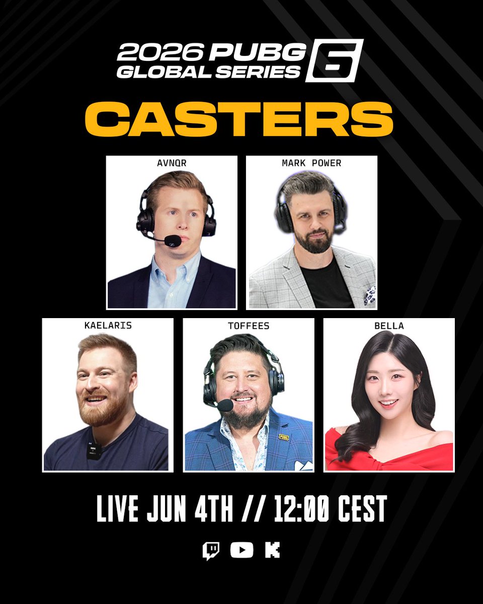 PUBGEsports's tweet photo. Time to show some love to our amazing casters! 🎙️💙

For PGS 6, the entertainment is guaranteed by:

@Avnqr
@markpowercasts
@Kaelaris
@ToffeesTV
@fattybunny1123

The Survival Stage starts from 12:00 CEST! 
See you there! ��

#PUBG #PGS #PGS5 #PUBGEsports https://t.co/BcqOWE122h