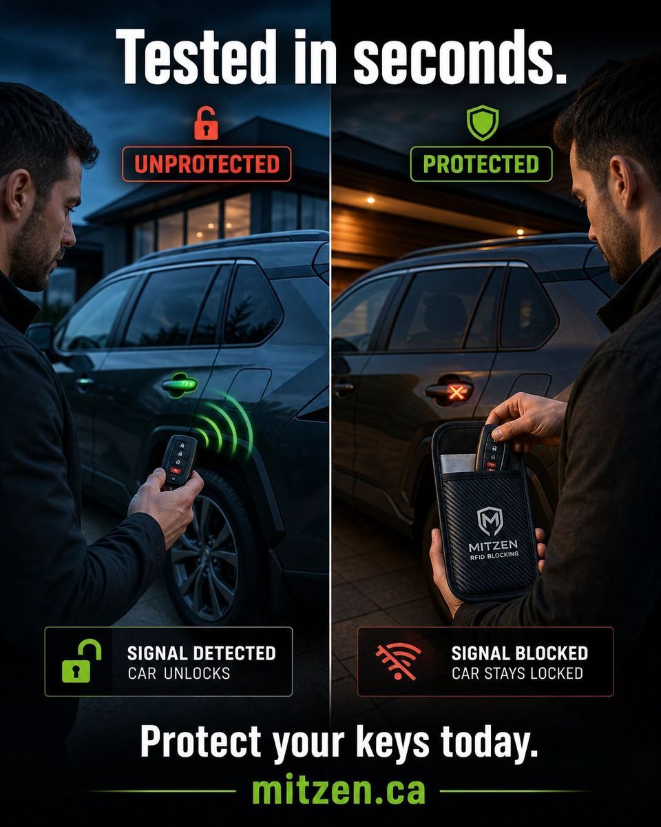 MitzenElectric's tweet photo. We tested it ourselves.

Without protection:
✅ Car detected the key.

Inside the RFID blocking pouch:
❌ No signal detected.

Simple.
Fast.
Worth having.

Protect your key fobs, cards, and devices with RFID blocking protection from https://t.co/tS6RDepFw1

#RFIDWallet #KeyFob https://t.co/JayxcYJs49
