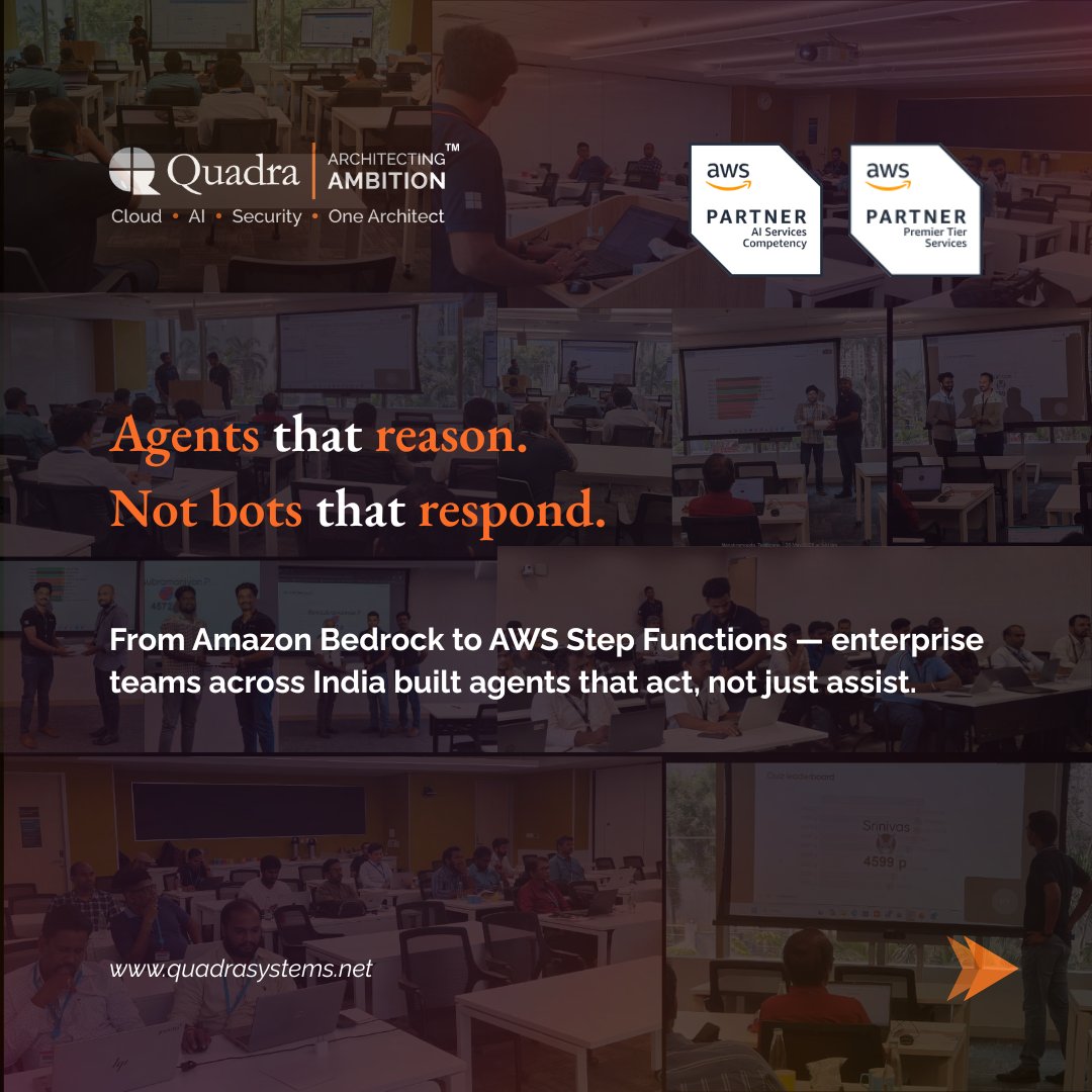 quadrasys's tweet photo. 60 enterprises. 4 cities. 1 hands-on session building autonomous agents on Amazon Bedrock and AWS Step Functions.

Workshop 4 done. The agents are reasoning. The series continues.
@awscloud 
#AgenticAI #AWS #AmazonBedrock https://t.co/JBNk5ubNMH