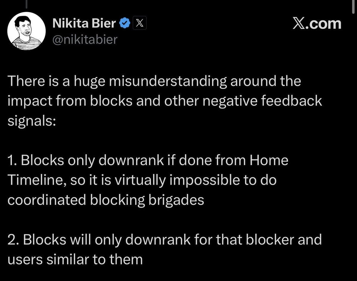 crypto_sonnn's tweet photo. 🚨 Huge misconception on Blocks cleared up:

• ONLY Home Timeline blocks can trigger downranking.
• This makes coordinated block brigades virtually impossible.
• The impact ONLY affects the blocker + similar users, not every user on X.

Does this change how you view blocking? https://t.co/Sg2KaMqh5b