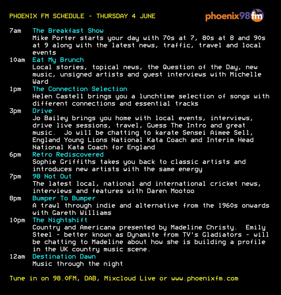 phoenixfm's tweet photo. Today's schedule on Phoenix FM - #communityradio for #Brentwood and #Billericay

@luckybitches @jobaileymusic1 @dtmootoo @GWphoenix 

Tune in on 98.0FM, DAB, Mixcloud Live or on our website! https://t.co/10hIB7iZdM