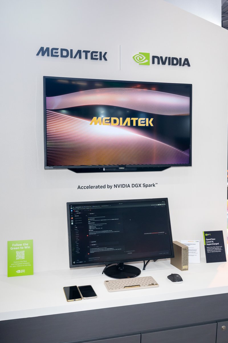 MediaTek's tweet photo. At #COMPUTEX2026, MediaTek is showcasing @nvidia DGX Spark™ powered by the GB10 Grace Blackwell Superchip co-designed by MediaTek and NVIDIA for powerful, low-latency AI performance and exceptional power efficiency.

Here is the NVIDIA DGX Spark™ in action at the MediaTek booth, L0818, Hall 1.