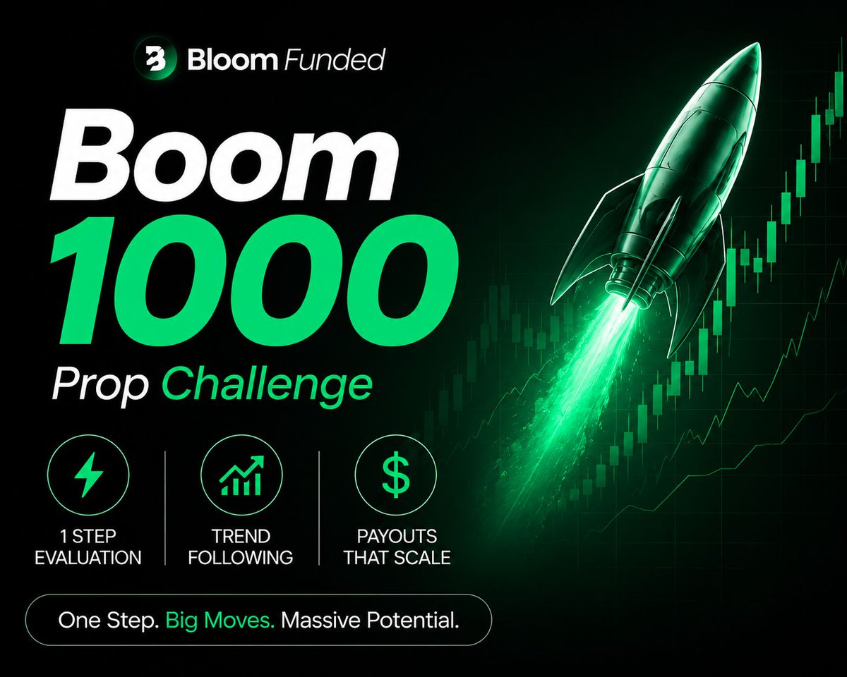 bloomfunded's tweet photo. For traders who prefer simplicity and momentum, the Boom 1000 Challenge offers a streamlined path to funding through a single-step evaluation.
Built around discipline, risk management, and consistency, it's designed to reward traders who can execute their strategy with confidence.

• One-step evaluation
• Clear and transparent rules
• Scalable payout opportunities
• Designed for disciplined traders
• Synthetic-focused trading environment

One step. Big moves. Massive potential.

#BloomFunded #Boom1000 #PropFirm #FundedTrader #SyntheticIndices #TradingChallenge #TradingDiscipline #RiskManagement #TradingCommunity #FundedAccounts

Disclaimer: Trading involves substantial risk and is not suitable for everyone. Past performance does not guarantee future results. BloomFunded provides simulated evaluation programs and funding opportunities subject to our Terms & Conditions. No content in this post constitutes financial, investment, or trading advice. Results vary based on individual performance and market conditions. Trade responsibly.