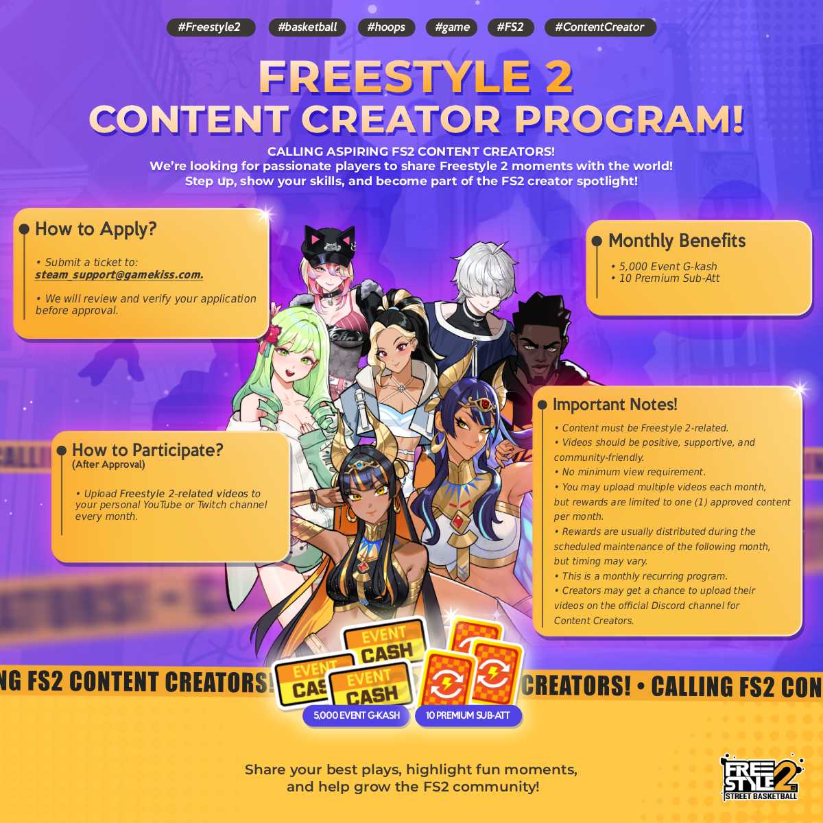 TeamFreestyle2's tweet photo. Ready to showcase your best Freestyle 2 moments?

💰 The Content Creator Program now offers increased monthly rewards! Upload your FS2 content, and get rewarded!

Check the image below for full details and how to apply!

#hoops #game #Freestyle2 #basketball #バスケットボール https://t.co/R1HUrKuDfC