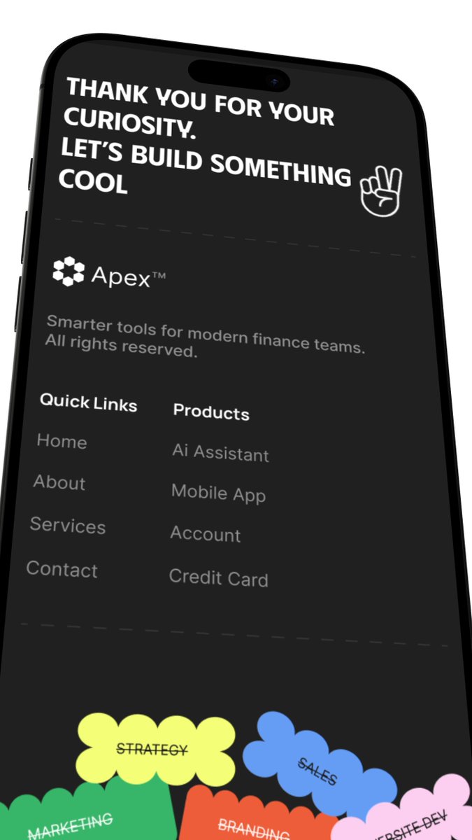 IwuezeAmarachi's tweet photo. day 4 of 30👩‍💻

Task: recreate this Apex footer. When the page loads, the blob tags at the bottom should float in one by one with a slight delay instead of appearing all at once.

when you hover on each blob, it should jiggle slightly and the text should change from crossed-out to normal.

deadline: 18 hours

use whatever works for you. same design, your own approach.

quote with your version when you're done 👇