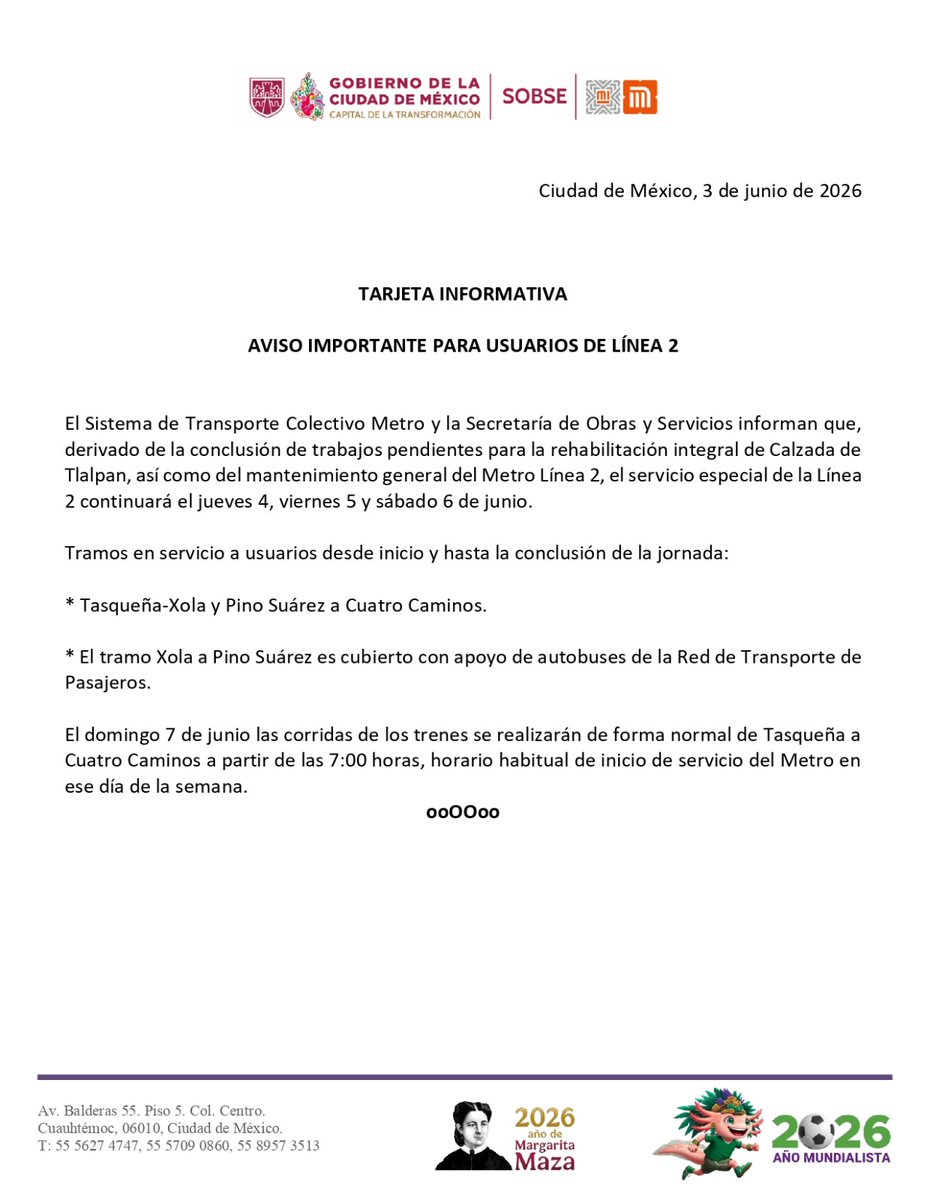 AdrianRubalcava's tweet photo. Informo a las y los usuarios de la Línea 2 del @MetroCDMX que, en coordinación con la @SOBSECDMX, el servicio especial se mantendrá los días 4, 5 y 6 de junio para permitir la conclusión de los trabajos de rehabilitación integral de Calzada de Tlalpan y las labores de mantenimiento en esta línea.

La operación continuará en dos tramos: Tasqueña-Xola y Pino Suárez-Cuatro Caminos, con apoyo gratuito de @RTP_CiudadDeMex entre Xola y Pino Suárez.

El domingo 7 de junio, el servicio se restablecerá en toda la línea, de Tasqueña a Cuatro Caminos, a partir de las 7:00 horas. Toma previsiones.