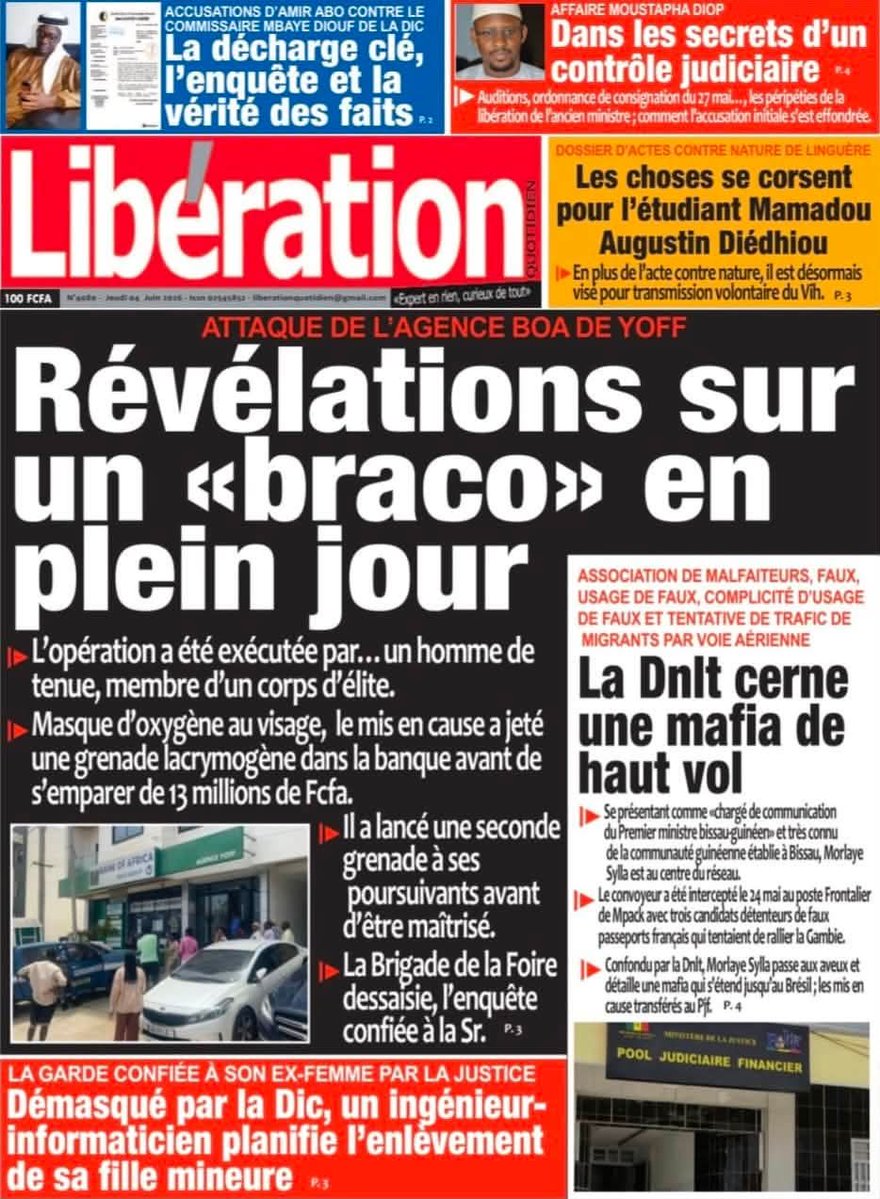 MasseneDIOUF3's tweet photo. Thread  la Une  des  journaux Sénégalais  du Jeudi  04  Juin  2026 🇸🇳👇🏽.
Bonne  journée  à  tous 🇸🇳 😍.

#Senegal 
#kebetu https://t.co/e3DjJCBE23