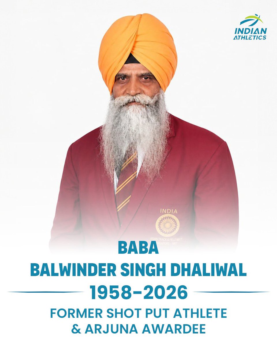 afiindia's tweet photo. The AFI is deeply saddened by the passing of former Shot Put athlete &amp; Arjuna Awardee Baba Balwinder Singh Dhaliwal. 

AFI extends its heartfelt condolences to his family &amp; friends during this difficult time.

May his soul rest in peace.

#IndianAthletics #AFI https://t.co/dAr65fG3iK