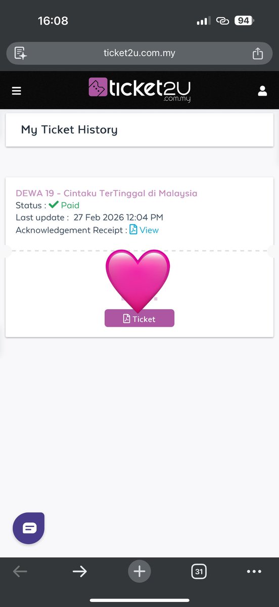 farashaz's tweet photo. Hi nak letgo

DEWA19 Live in Malaysia - 2 tix

📍 Axiata Arena Bukit Jalil
📅 6 Jun 2026 (Sabtu)
⏰ 8:30 malam
🎟️ Tiket: Block 405 (Lvl 4) Row D

RM500 for 2 seats (negotiable)

DM for more details! Tak dapat nak pergi sebab ada hal yang tak dapat dielakkan 😭

#Dewa19 #ticket https://t.co/KcFze727uv