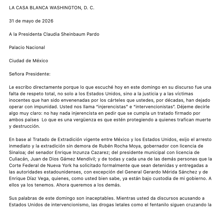 carpetapurpura's tweet photo. Fuerte carta, no confirmada, de Trump a Claudia donde le exige la entrega inmediata de los narcopolíticos, respalda totalmente a su embajador y le advierte que la relación entre México y EE.UU. se verá afectada “en todos los niveles”. Le dijo a Sheinbaum que “sus palabras de este domingo son inaceptables”.

ver la carta aquí:
https://t.co/avizoN9CB9

no es el formato original de la carta, sólo su transcripción