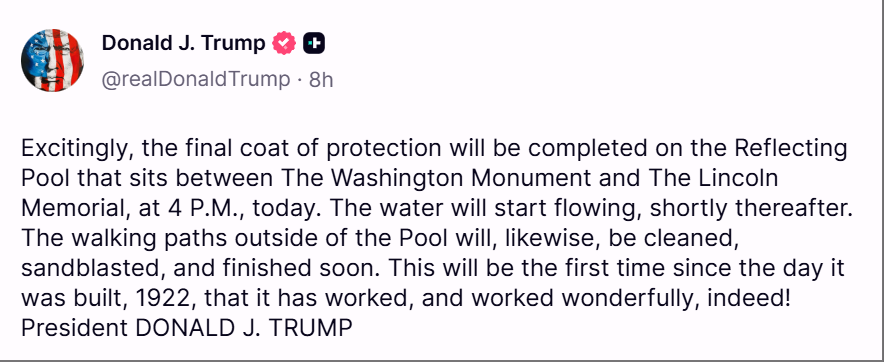 ChinaDaily's tweet photo. #MediaFocus #US President #DonaldTrump celebrated the completion of the Lincoln Memorial Reflecting Pool renovation on Wednesday, noting it has been cleaned and repainted "American flag blue". According to The Hill, Trump shared the news on Truth Social, calling the moment "exciting". The remarks came as his administration faces a fragile ceasefire with #Iran and growing political pressure at home.