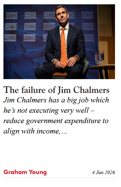 GrahamY's tweet photo. Jim Chalmers has a big job, but does he even know what it is? Instead of reducing government expenditure to align with income, repaying debt, and increasing economic growth he's running as fast as he can in the other direction. Worse he's torching his reputation over minor revenue increases in property taxes. My latest from The Spectator.