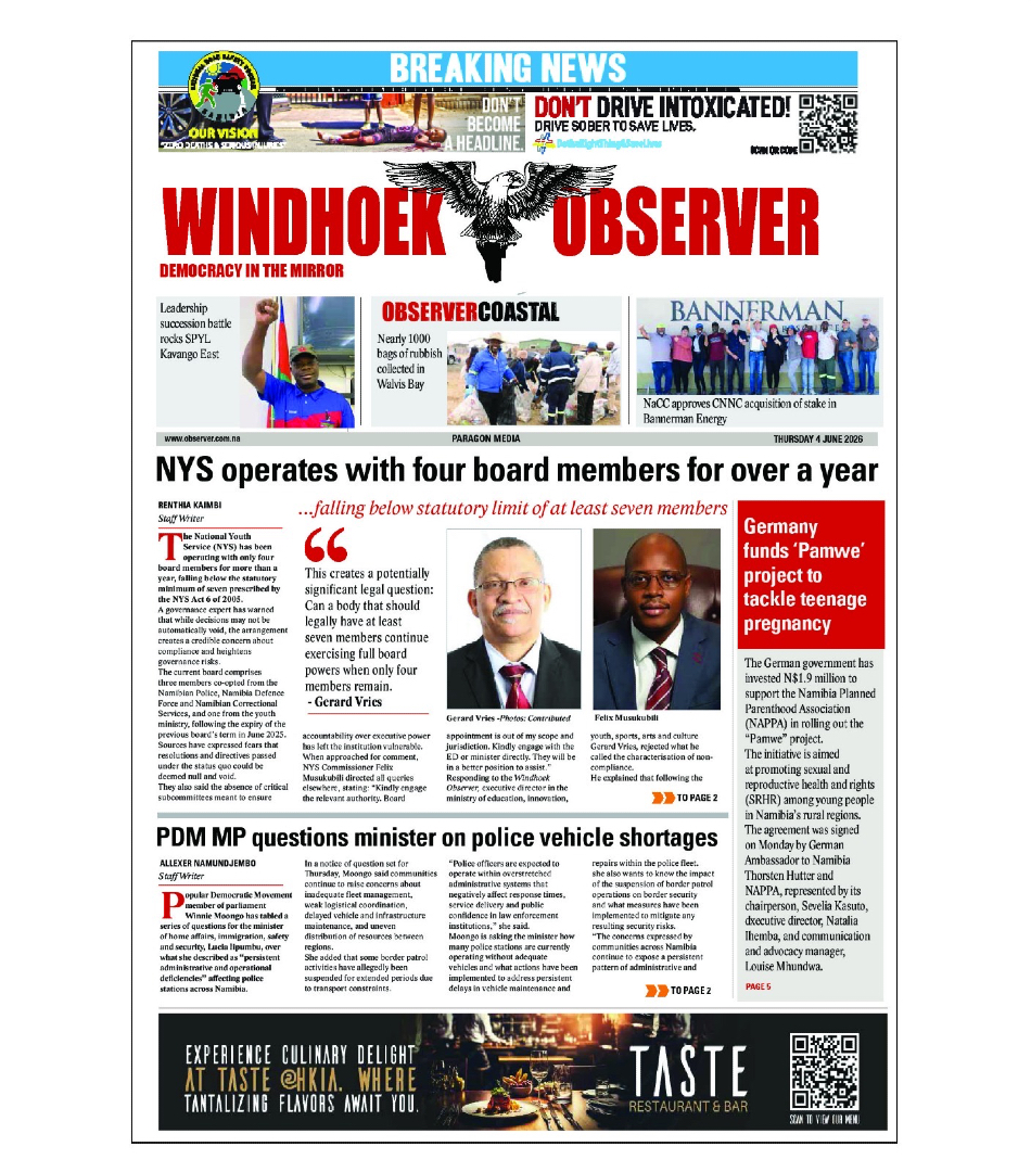 ObserverNamibia's tweet photo. Link to today's paper: https://t.co/4wdjJCWqkd https://t.co/TtQwL3m78Y