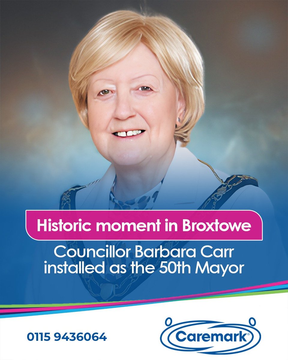 CaremarkBrox's tweet photo. A historic milestone for Broxtowe.
Councillor Barbara Carr has been installed as the 50th Mayor of Broxtowe Borough Council.

Read more:
 https://t.co/ZV71Dpmv8U

For care support and guidance, Caremark is here to help.
Call Caremark: 0115 943 6064

#broxtowe #community https://t.co/S8dwIpSNCI