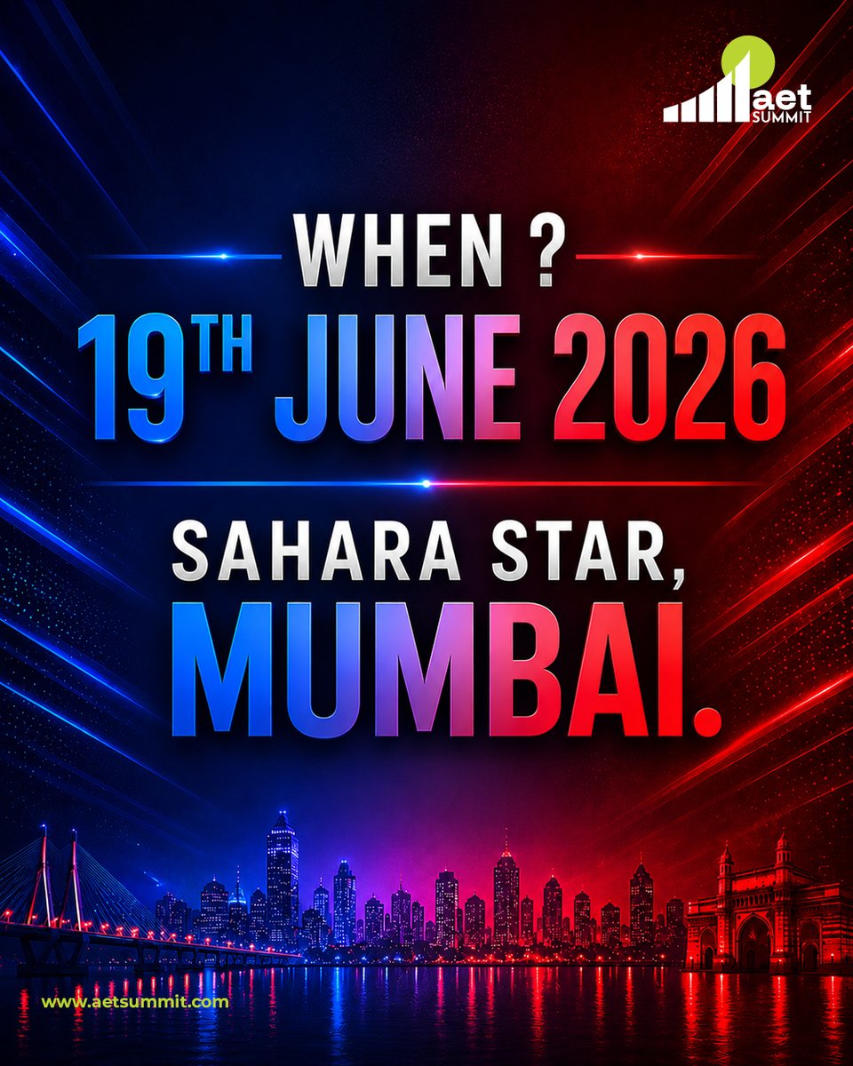 AETSummit's tweet photo. AET Summit 2026 brings together India’s leading founders, CXOs, CHROs, marketers, and decision-makers for conversations.

📅 19 June 2026
📍 Sahara Star, Mumbai

Apply now at https://t.co/uSBMTLgUXX

#AETSummit #BrandsThatIndiaTrusts #MostTrustedWorkplace #BrandTrust #Leadership https://t.co/1brh0H9BzT